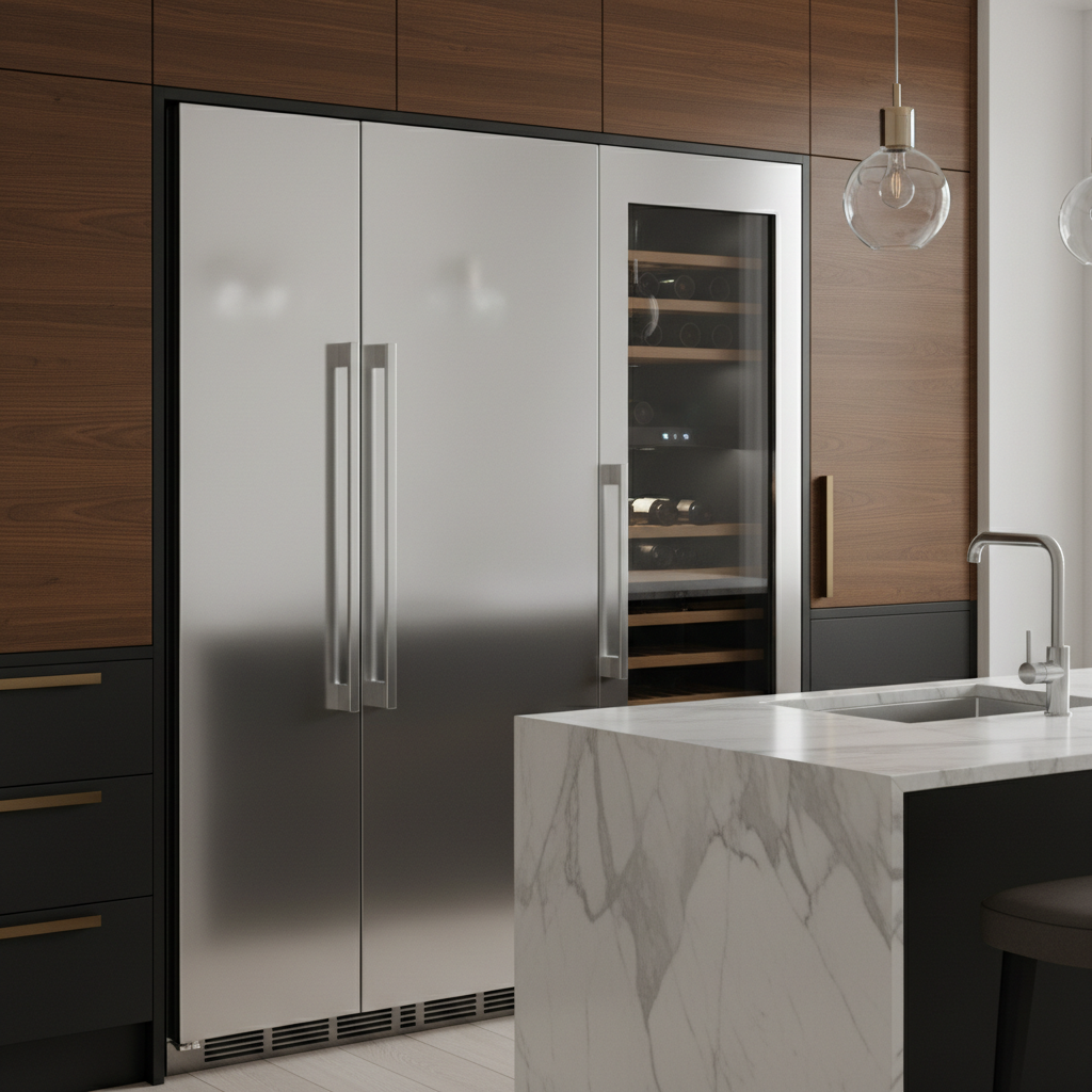 High-end kitchen close-up with refrigerator and wine cooler