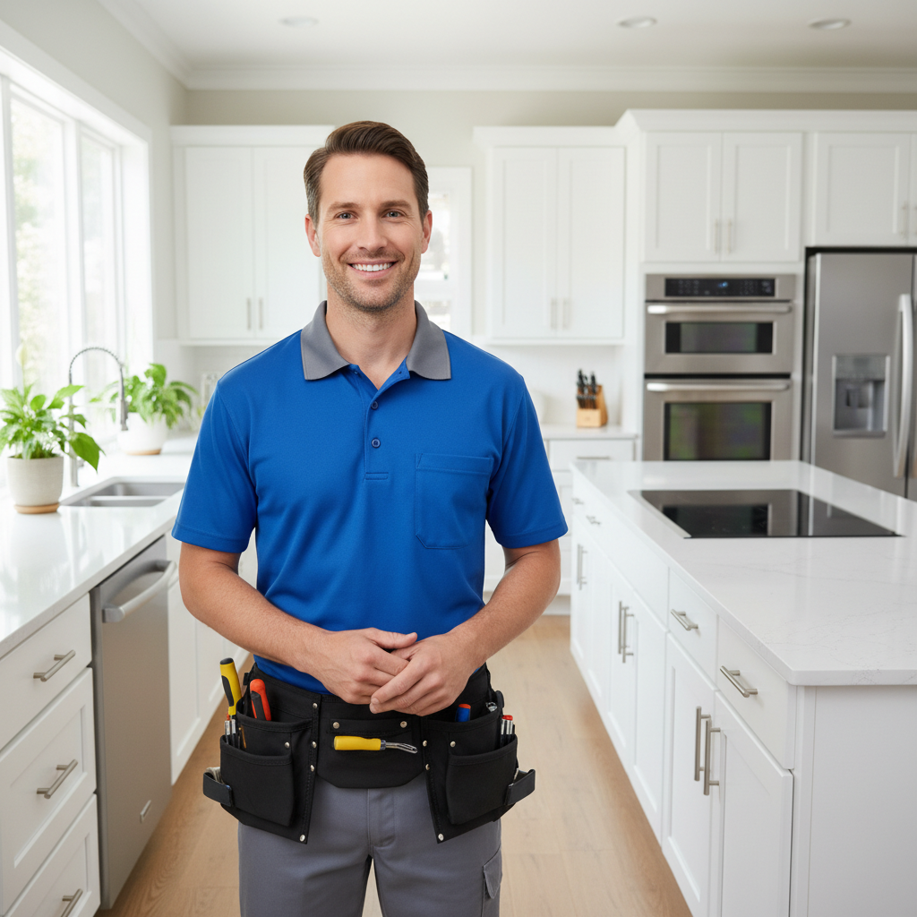 Smiling appliance repair technician in a modern kitchen
