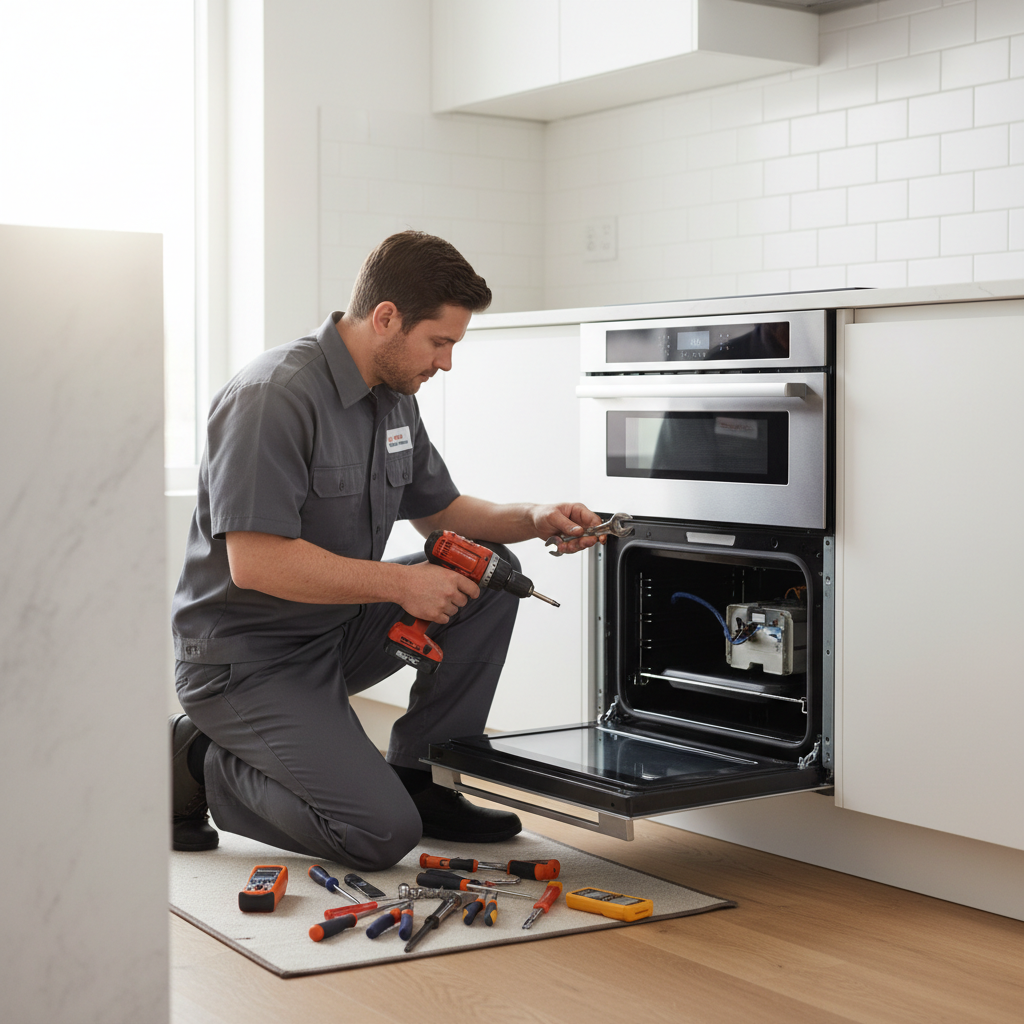 Professional appliance technician repairing built-in kitchen appliance